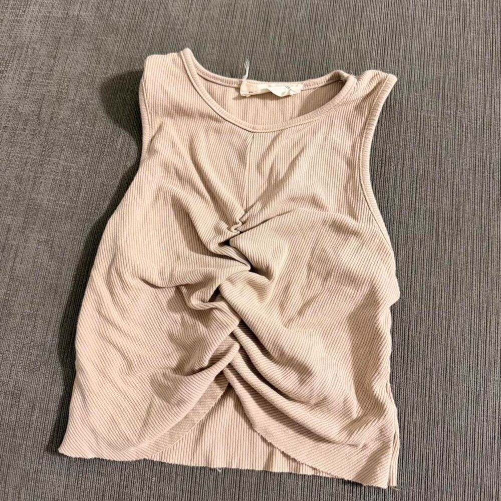 Y2K Goodnight Macaroon beige ribbed twist front crop tank, Size S 🤍